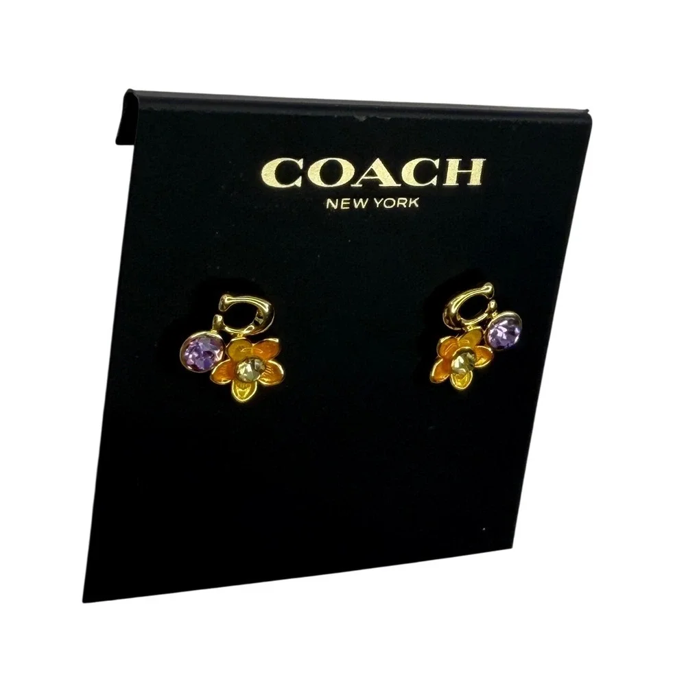 Coach Gold Tone Flower Logo Cluster Stud Earrings Orange Purple NWT Chic Luxury - Picture 2 of 5